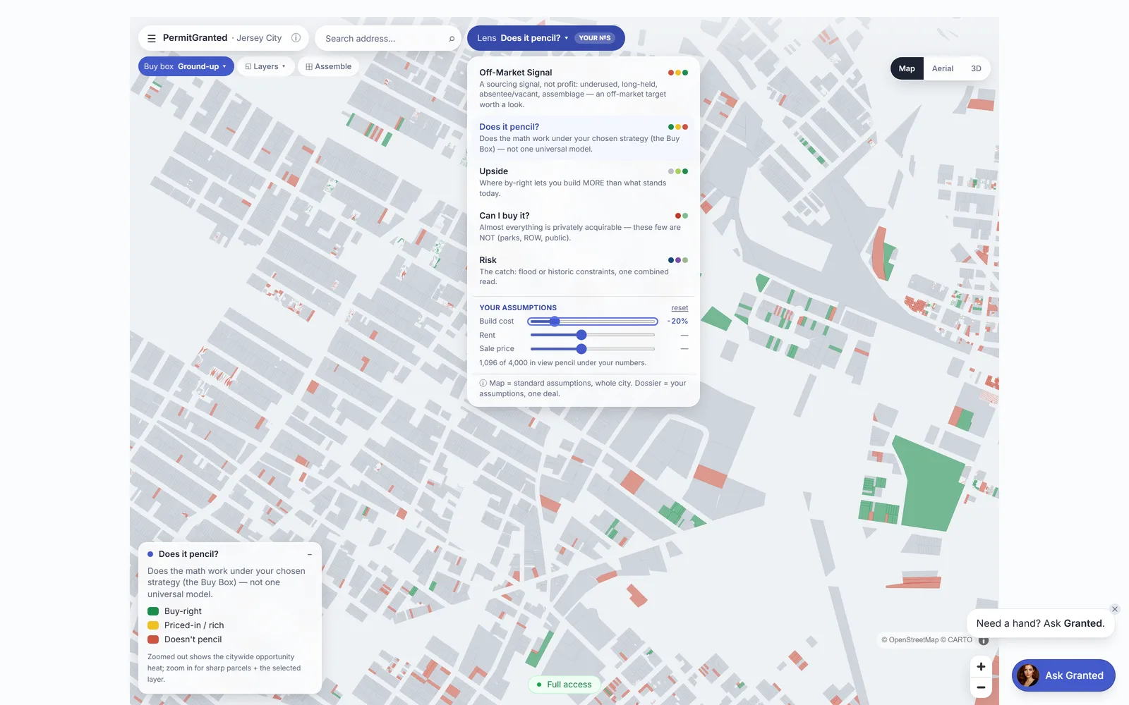 The map re-colored under your own build cost, rent, and sale assumptions